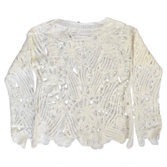 WD·NY Ivory Openwork Crochet Sweater Scalloped Hem Boho Romantic M Holiday Gift - Picture 7 of 11